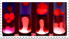 a stamp of a still image of lava lamps, the melted liquid inside them a reddish pink as they are in the middle of moving up and down